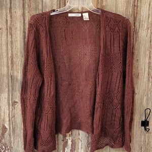 Crochet style sweater cardigan in a very lovely dark maroon color
